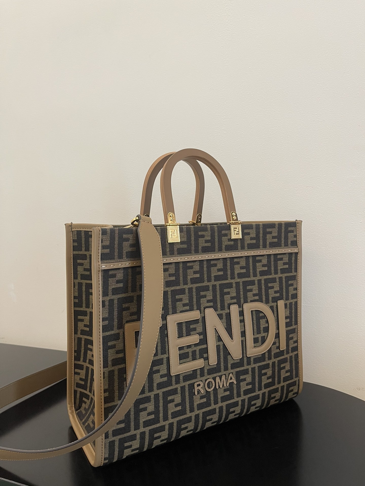 Fendi Medium Sunshine Shopper Brown FF Jacquard Fabric Bag 